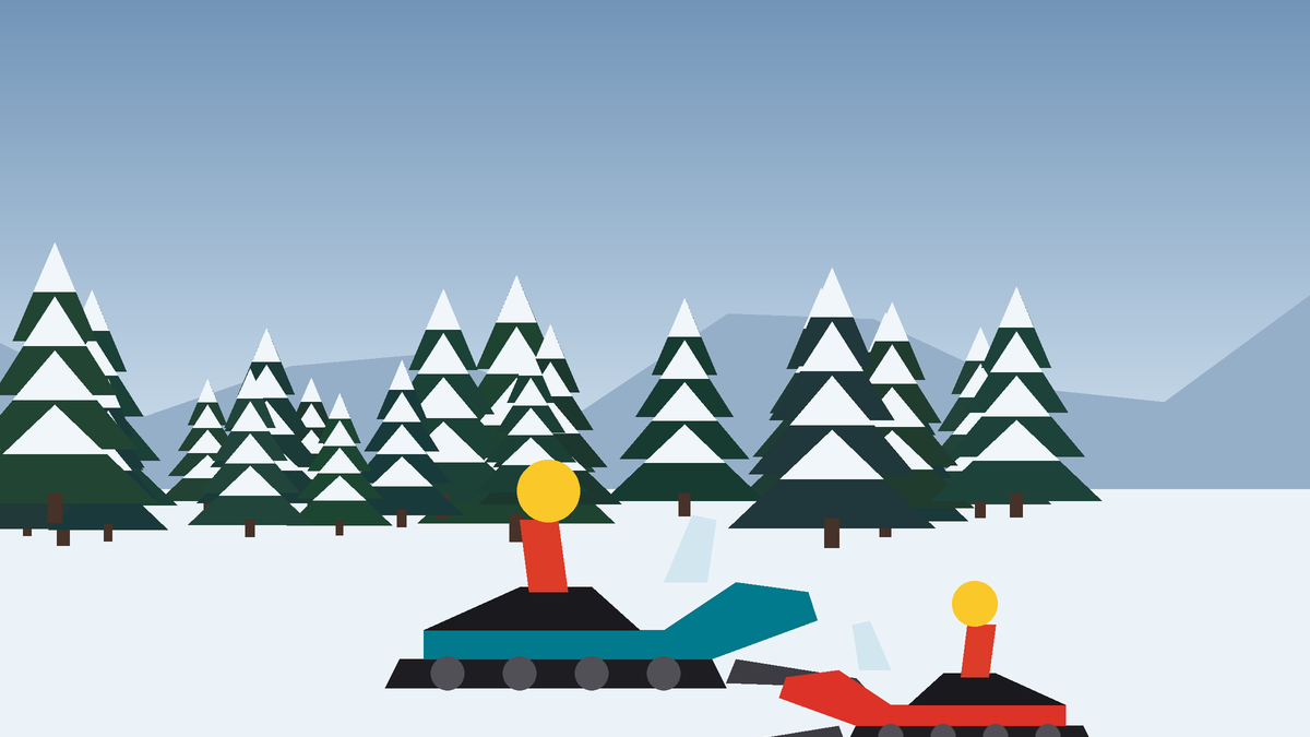 Snöskoter på en vinterbana omgiven av snötyngd skog